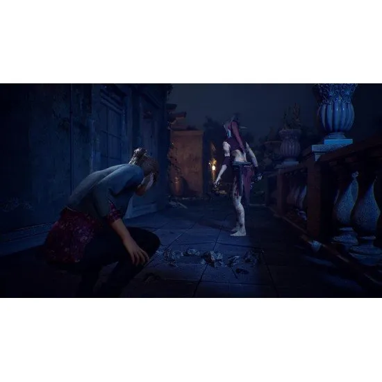 Susan navigating a decaying noble residence on the slopes of Mount Etna while a shadowy Red Nun looms in the background