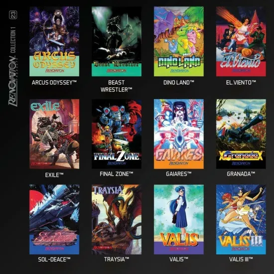 An Evercade cartridge box featuring vibrant 16-bit anime artwork from Valis, Arcus Odyssey, and Gaiares in a collectable retro case