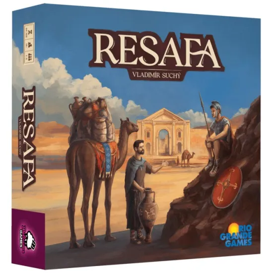 Resafa board game box featuring 3rd century AD desert caravan route and ancient Middle East trading city artwork