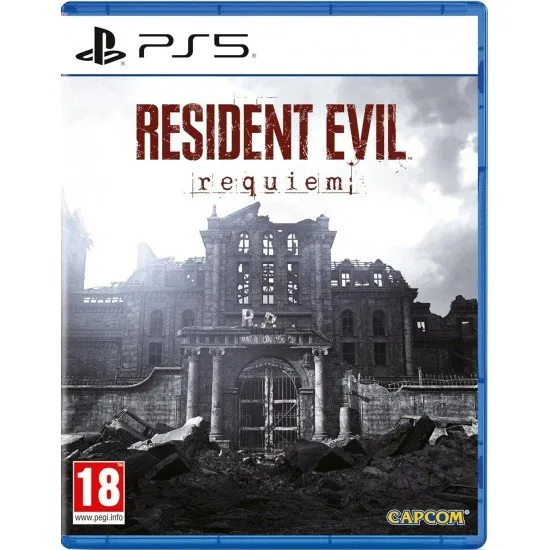 Resident Evil Requiem game cover showing the protagonist, Grace Ashcroft, at the entrance of the abandoned hotel