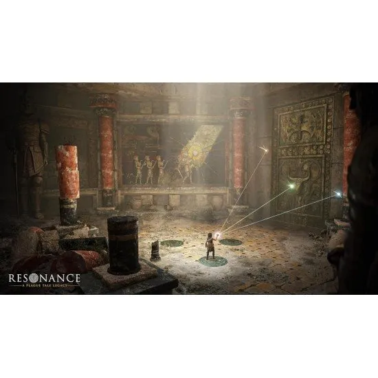 A young woman with a weathered cloak holding a glowing ancient sphere while navigating a dark stone labyrinth