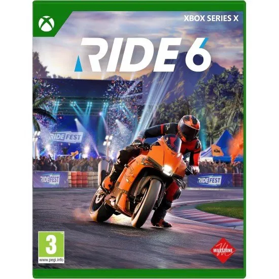 RIDE 6 Xbox Series X box art featuring diverse motorcycles at the RIDE Fest hub