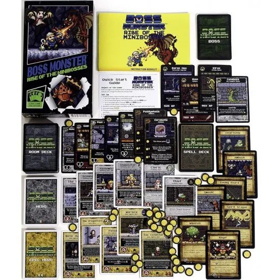 Boss Monster Rise of the Minibosses game box featuring retro pixel art and various fantasy dungeon boss characters