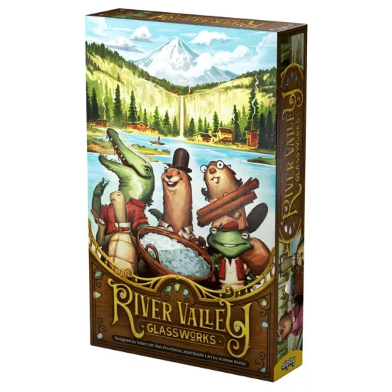 River Valley Glassworks board game box featuring woodland creature glassmakers and colourful river glass tile artwork