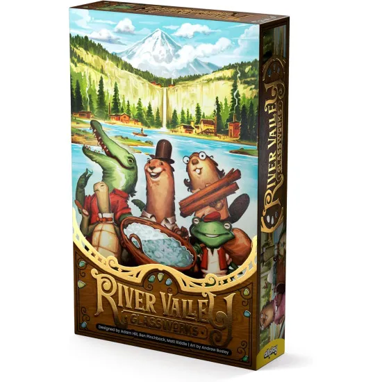 River Valley Glassworks board game box featuring woodland creature glassmakers and colourful river glass tile artwork