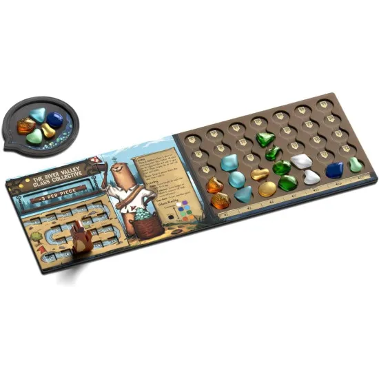 River Valley Glassworks board game box featuring woodland creature glassmakers and colourful river glass tile artwork