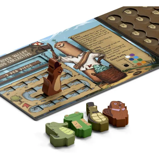 River Valley Glassworks board game box featuring woodland creature glassmakers and colourful river glass tile artwork