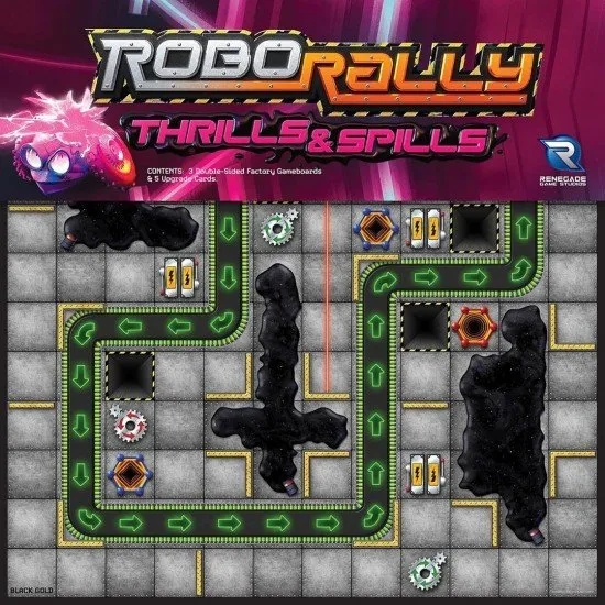 Three new double-sided Robo Rally factory floor boards displaying vibrant oil slicks, flaming hazards, and glowing portal nodes