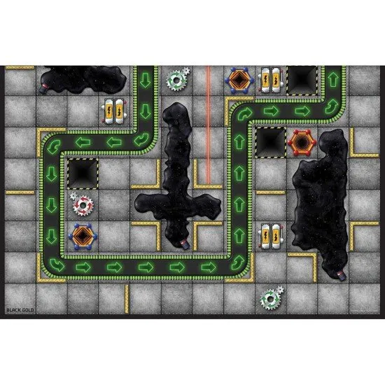 Three new double-sided Robo Rally factory floor boards displaying vibrant oil slicks, flaming hazards, and glowing portal nodes