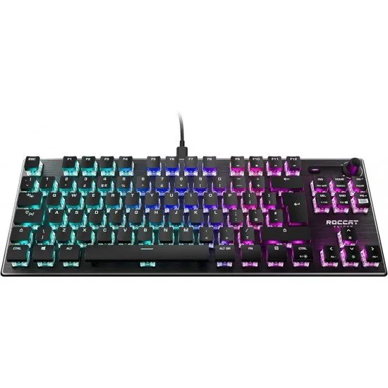 The Roccat Vulcan TKL Mechanical Gaming Keyboard in black, shown from a front angle. The tenkeyless design highlights the extra space available on a desk, and the RGB lighting is visible beneath the low-profile keys.