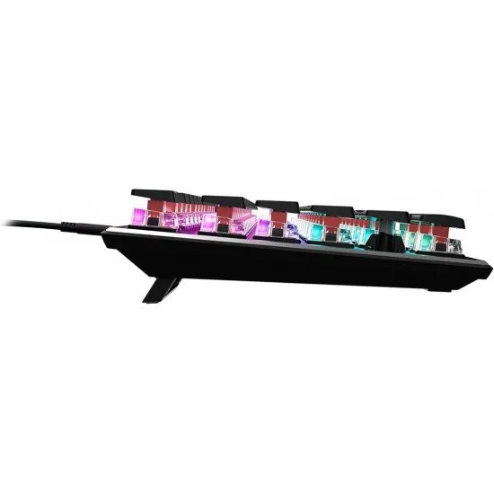 The Roccat Vulcan TKL Mechanical Gaming Keyboard in black, shown from a front angle. The tenkeyless design highlights the extra space available on a desk, and the RGB lighting is visible beneath the low-profile keys.