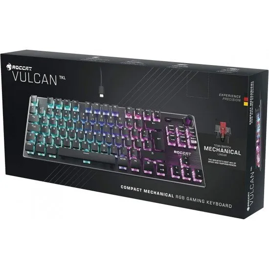 The Roccat Vulcan TKL Mechanical Gaming Keyboard in black, shown from a front angle. The tenkeyless design highlights the extra space available on a desk, and the RGB lighting is visible beneath the low-profile keys.