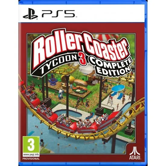 RollerCoaster Tycoon 3: Complete Edition game cover showing a large, colourful amusement park with rollercoasters, water slides, and animal habitats