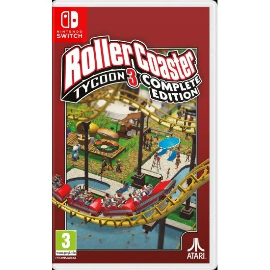 RollerCoaster Tycoon 3: Complete Edition game cover showing a large, colourful amusement park with rollercoasters, water slides, and animal habitats