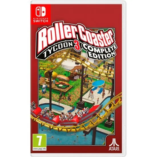 RollerCoaster Tycoon 3: Complete Edition game cover showing a large, colourful amusement park with rollercoasters, water slides, and animal habitats