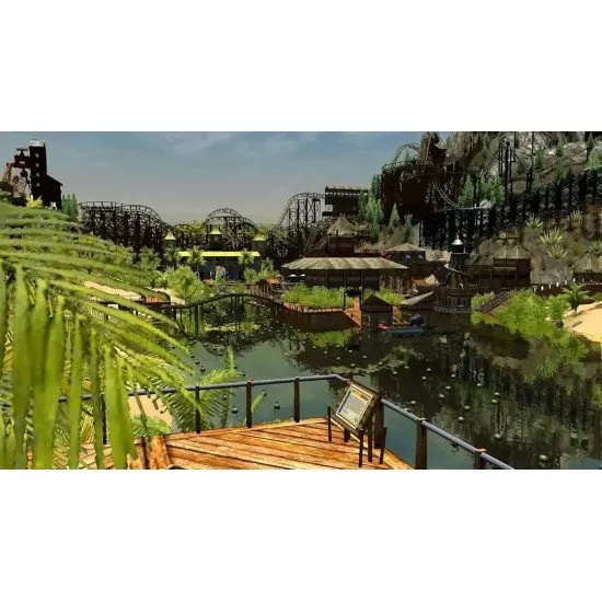 RollerCoaster Tycoon 3: Complete Edition game cover showing a large, colourful amusement park with rollercoasters, water slides, and animal habitats