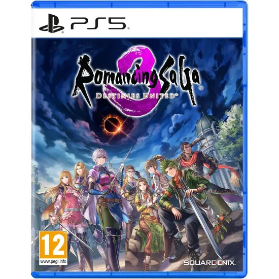PlayStation 5 game case for Romancing SaGa 3 Destinies United showing the eight fate-bound heroes gathered before the Abyss gates