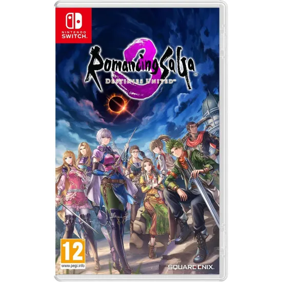 Nintendo Switch game case for Romancing SaGa 3 Destinies United showcasing Morastrum the Star of Death rising over the realm