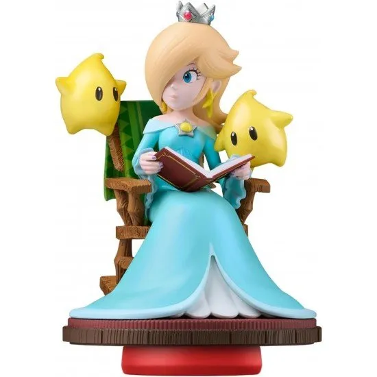 An amiibo figure of Rosalina in her blue dress reading a storybook with two small Lumas beside her