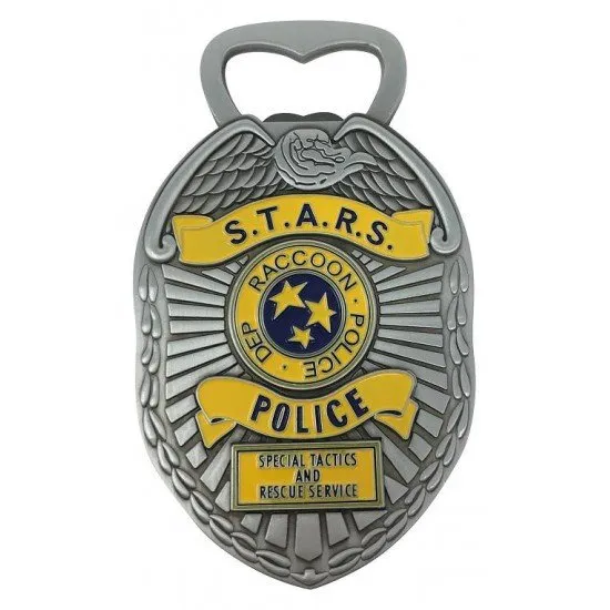 Metal S.T.A.R.S. police badge bottle opener with the Raccoon City Special Tactics and Rescue Service emblem