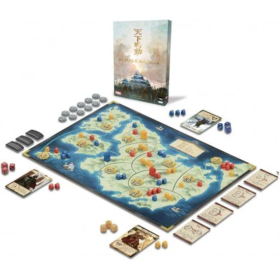 The box art for the Rumble Nation board game, showing samurai and a Japanese castle. Dice and game components are also visible.