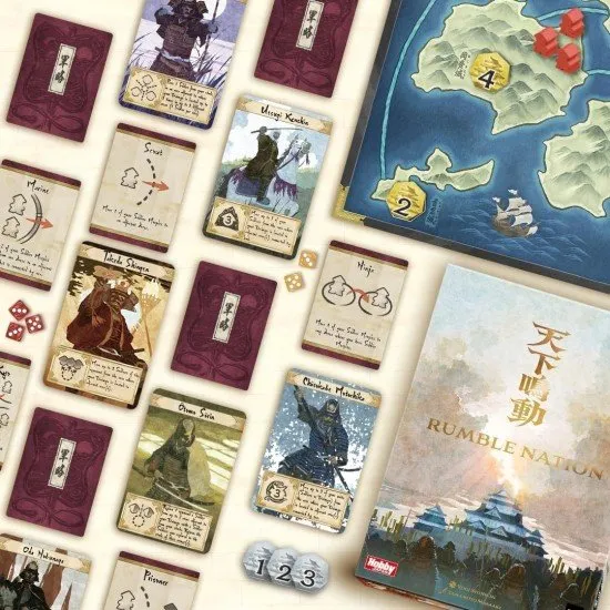 The box art for the Rumble Nation board game, showing samurai and a Japanese castle. Dice and game components are also visible.