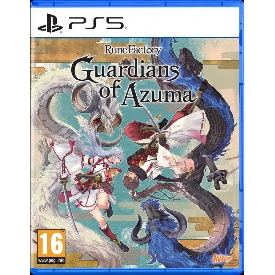 Rune Factory Guardians of Azuma PS5 game cover featuring the protagonist in traditional Japanese-inspired attire amidst a floating, shattered landscape