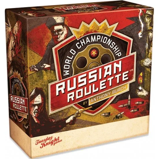 World Championship Russian Roulette game box showing stylized gun, bullet, and intense player interaction