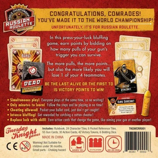 World Championship Russian Roulette game box showing stylized gun, bullet, and intense player interaction