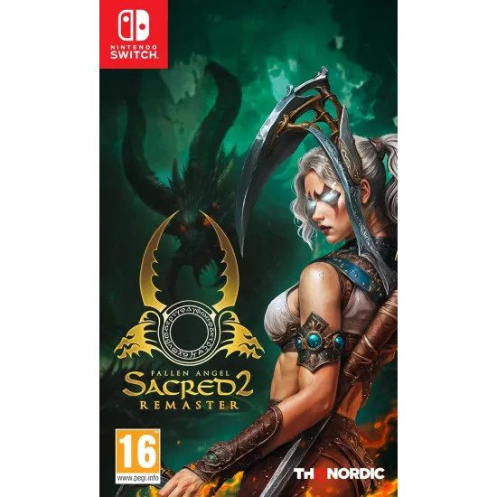 A Nintendo Switch game case displaying a battle scene with a Seraphim warrior wielding dual glowing blades against an incoming swarm of mutated undead monsters
