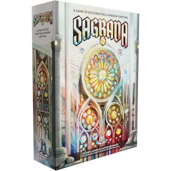 Box art for the 2026 edition of Sagrada showing colourful stained glass patterns and dice