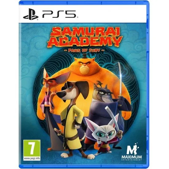 Samurai Academy Paws of Fury PS5 The box art for Samurai Academy: Paws of Fury on PlayStation 5, showing a dog samurai, Hank, in a dynamic pose with ninja cats and a colorful world in the background.