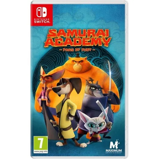 The box art for Samurai Academy: Paws of Fury on Nintendo Switch, showing a dog samurai, Hank, in a dynamic pose with ninja cats and a colorful world in the background.