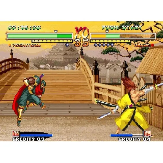 Two samurai clashing swords in a high-stakes duel with a vibrant traditional Japanese background