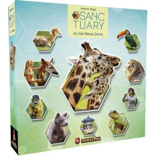 Sanctuary board game cover showing a colourful, scientifically-managed zoo with various animal and building tiles