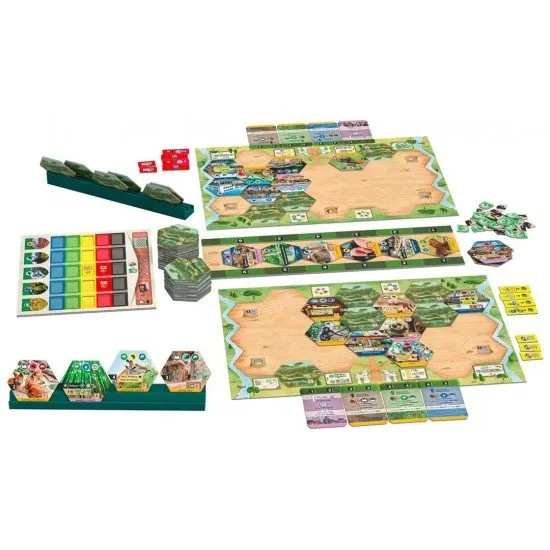 Sanctuary board game cover showing a colourful, scientifically-managed zoo with various animal and building tiles