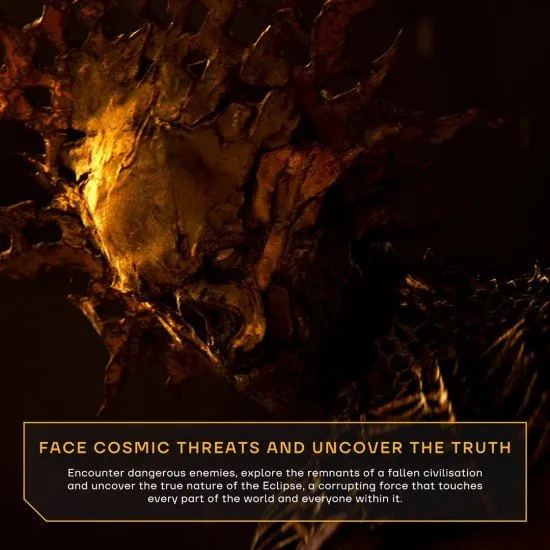 SAROS PS5 game cover featuring Arjun Devraj standing amidst the shifting alien ruins of Carcosa