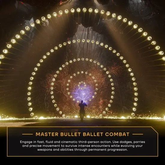 SAROS PS5 game cover featuring Arjun Devraj standing amidst the shifting alien ruins of Carcosa