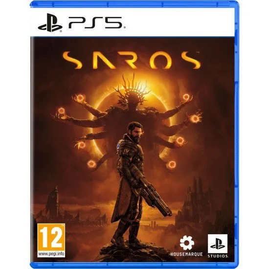 SAROS PS5 game cover featuring Arjun Devraj standing amidst the shifting alien ruins of Carcosa