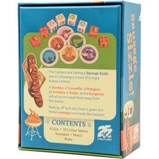 Sausage Sizzle dice game box featuring Australian wildlife critters around a BBQ barbie with sausage and food dice artwork