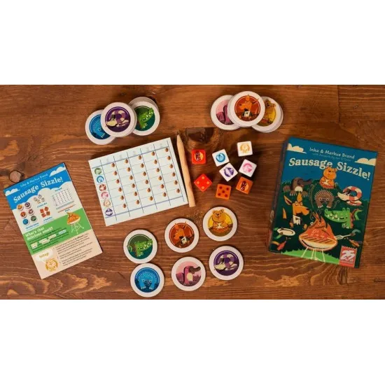 Sausage Sizzle dice game box featuring Australian wildlife critters around a BBQ barbie with sausage and food dice artwork