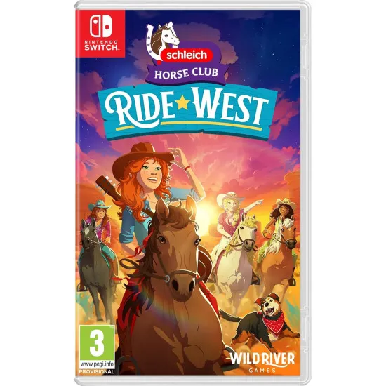 A Nintendo Switch game case featuring a girl testing her skills at barrel racing on a brown horse while her friends cheer from the ranch fence