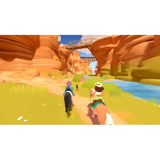 A PlayStation 5 game case depicting four teenage girls riding beautifully detailed horses across a wide open western canyon landscape with a wooden ranch in the distance