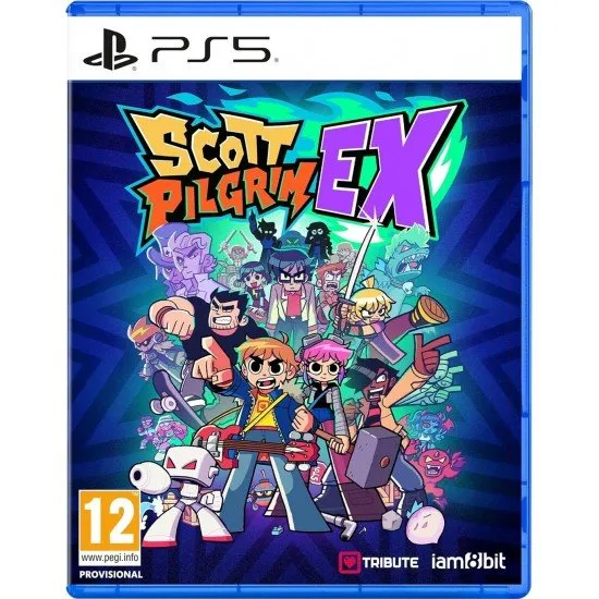 Scott Pilgrim and Ramona Flowers battling a group of enemies in a vibrant, pixel-art Toronto street