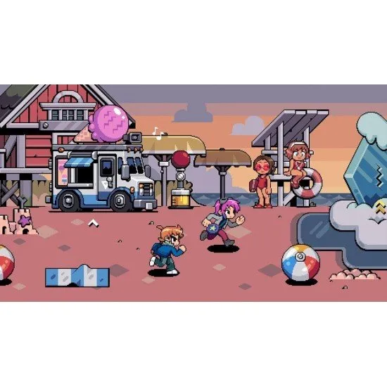 Scott Pilgrim and Ramona Flowers battling a group of enemies in a vibrant, pixel-art Toronto street