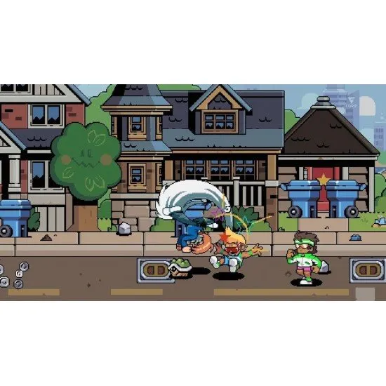 Scott Pilgrim and Ramona Flowers battling a group of enemies in a vibrant, pixel-art Toronto street
