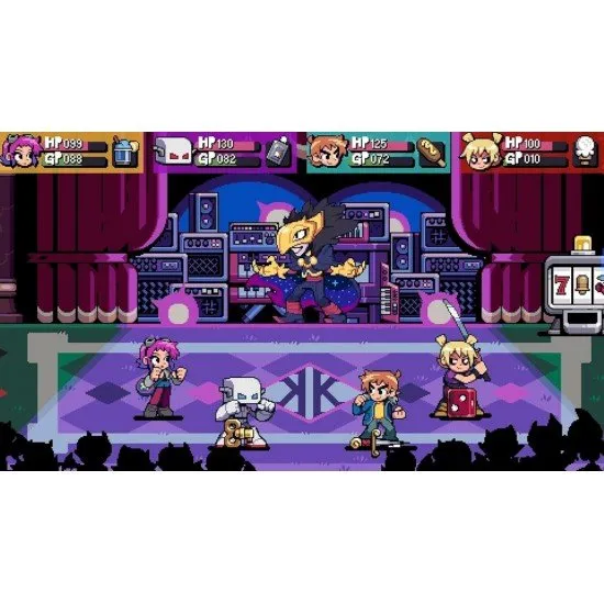 Scott Pilgrim and Ramona Flowers battling a group of enemies in a vibrant, pixel-art Toronto street