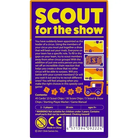 The box art for the Scout card game, showing a clown and circus performers with the game's title in a stylized font. The small, square box is visible.