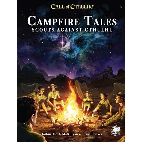 A roleplaying game book cover featuring a group of young scouts around a campfire under an eerie nocturnal sky containing hidden cosmic horror shapes