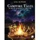 A roleplaying game book cover featuring a group of young scouts around a campfire under an eerie nocturnal sky containing hidden cosmic horror shapes